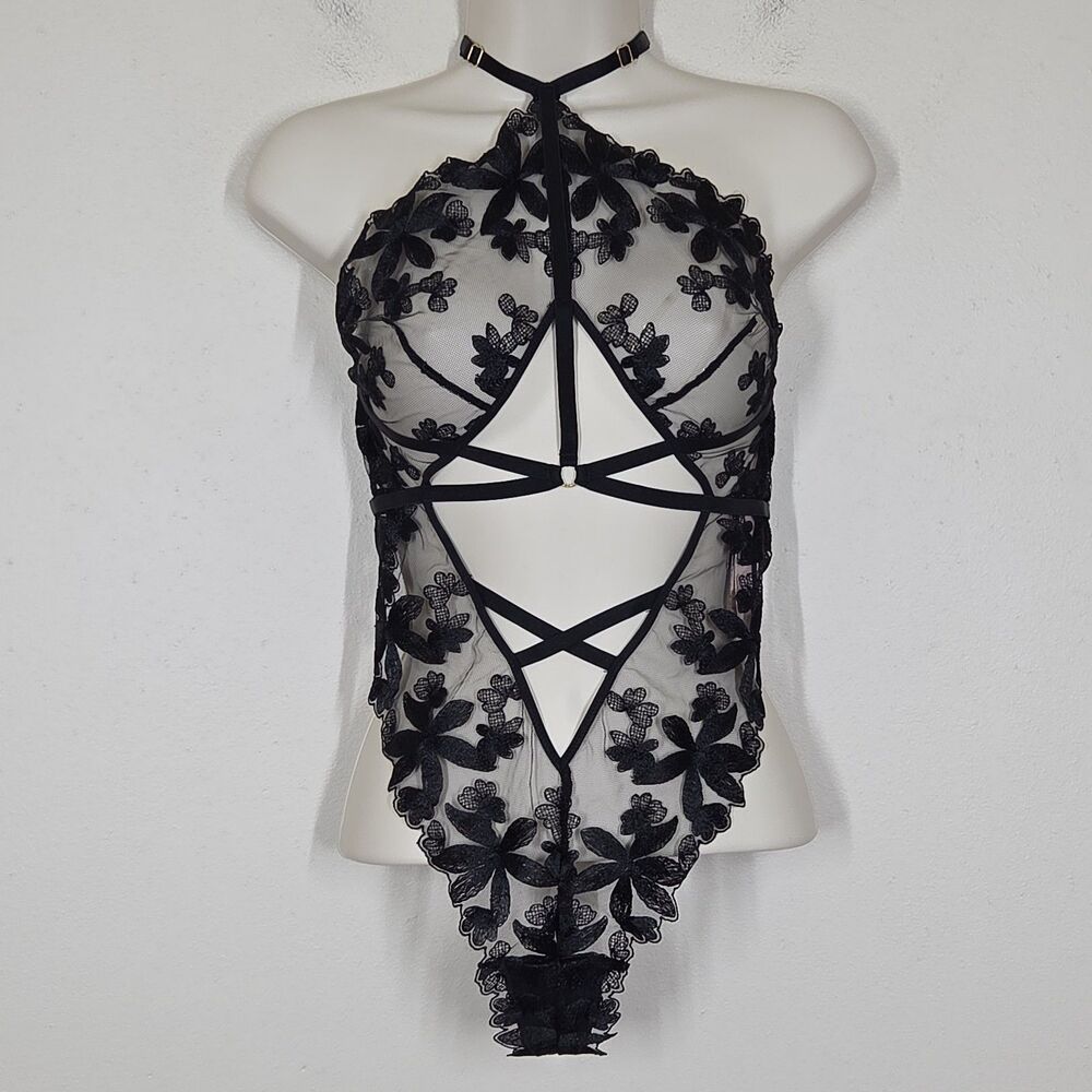 NWT Victoria's Secret Black Floral Cutout Strappy Lace Mesh Teddy M Sexy